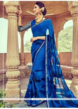 Groovy Faux Georgette Blue Print Work Printed Saree