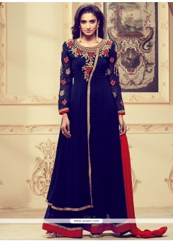 Splendid Faux Georgette Navy Blue And Red Embroidered Work Designer Palazzo Suit