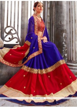 Jazzy Blue And Red Patch Border Work Faux Georgette Classic Designer Saree