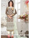 Embroidered Chanderi Churidar Suit In Brown