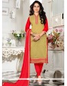 Integral Lace Work Green And Red Churidar Suit