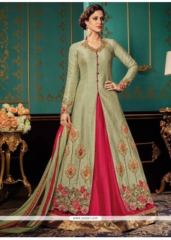 Mod Jacquard Silk Green And Hot Pink Floor Length Designer Suit