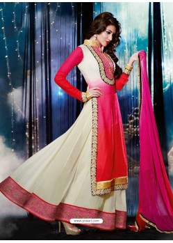 Cream And Red Georgette, Jacquard Anarkali Suit