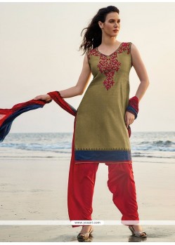 Enticing Chanderi Green And Red Embroidered Work Readymade Suit
