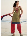 Enticing Chanderi Green And Red Embroidered Work Readymade Suit
