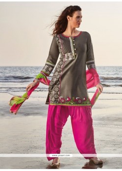 Embroidered Chanderi Readymade Suit In Grey And Pink