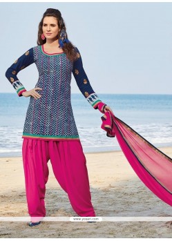 Brilliant Print Work Chanderi Blue And Pink Readymade Suit