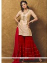 Lavish Beige And Red Chanderi Designer Suit