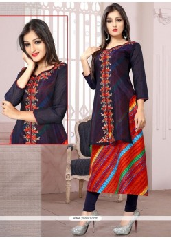 Embroidered Cotton Party Wear Kurti In Navy Blue And Red
