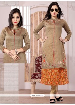 Compelling Beige Embroidered Work Chanderi Party Wear Kurti