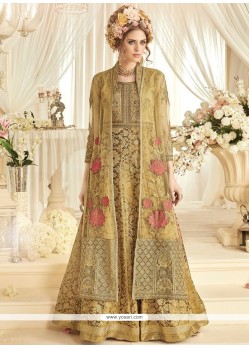 Enthralling Beige Banarasi Silk Floor Length Designer Suit