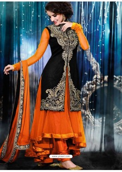 Orange And Black Velvet Anarkali Suit