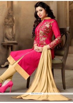 Amazing Hot Pink Embroidered Work Chanderi Churidar Suit