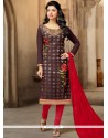 Outstanding Embroidered Work Chanderi Brown Churidar Suit