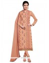 Whimsical Cotton Peach Resham Work Churidar Designer Suit