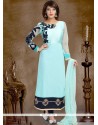 Exuberant Art Silk Turquoise Lace Work Readymade Suit