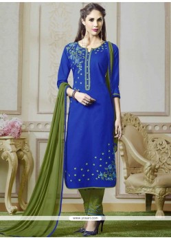 Prominent Blue Embroidered Work Cotton Churidar Suit