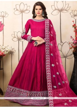 Pretty Embroidered Work Hot Pink Art Silk Floor Length Anarkali Suit