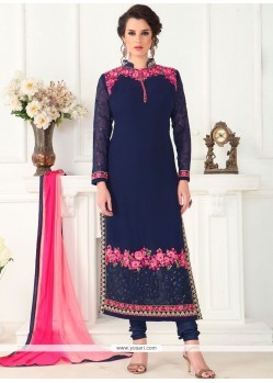 Charming Embroidered Work Navy Blue Faux Georgette Churidar Designer Suit