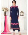 Charming Embroidered Work Navy Blue Faux Georgette Churidar Designer Suit