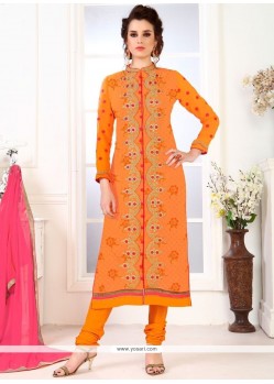 Epitome Embroidered Work Orange Faux Georgette Churidar Designer Suit