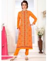 Epitome Embroidered Work Orange Faux Georgette Churidar Designer Suit