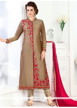 Subtle Resham Work Brown And Red Churidar Designer Suit