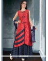 Thrilling Navy Blue And Red Long Choli Lehenga