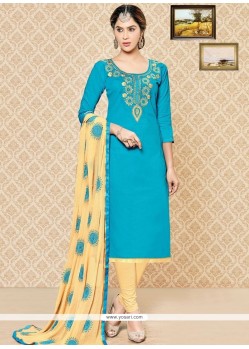 Fab Embroidered Work Blue Cotton Churidar Suit