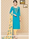 Fab Embroidered Work Blue Cotton Churidar Suit