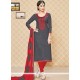 Aspiring Embroidered Work Grey And Red Cotton Churidar Suit