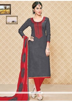 Aspiring Embroidered Work Grey And Red Cotton Churidar Suit