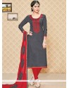 Aspiring Embroidered Work Grey And Red Cotton Churidar Suit