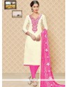 Superb Cotton Cream And Pink Churidar Suit