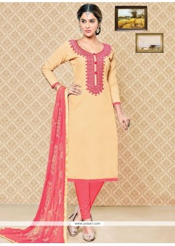 Ravishing Embroidered Work Cotton Beige And Peach Churidar Suit