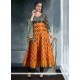 Delectable Print Work Black And Orange Banarasi Silk Readymade Suit