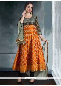 Delectable Print Work Black And Orange Banarasi Silk Readymade Suit