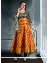 Delectable Print Work Black And Orange Banarasi Silk Readymade Suit