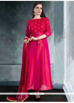 Lace Art Silk Readymade Suit In Hot Pink