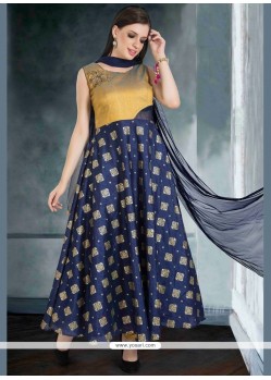 Modish Raw Silk Navy Blue Weaving Work Readymade Suit