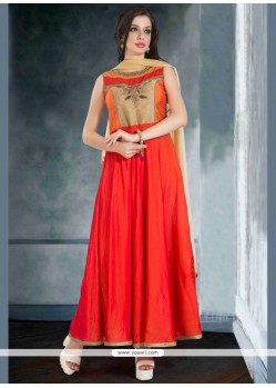 Amazing Lace Work Art Silk Orange Readymade Suit