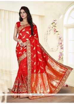 Flamboyant Patch Border Work Red Traditional Saree