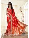 Flamboyant Patch Border Work Red Traditional Saree