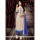 Dainty Cotton Beige And Blue Embroidered Work Churidar Designer Suit