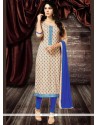 Dainty Cotton Beige And Blue Embroidered Work Churidar Designer Suit