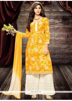 Superb Embroidered Work Yellow Cotton Churidar Designer Suit