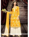 Superb Embroidered Work Yellow Cotton Churidar Designer Suit