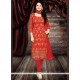 Exotic Red Embroidered Work Cotton Churidar Designer Suit