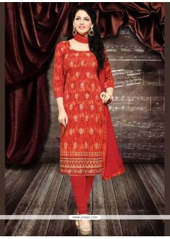 Exotic Red Embroidered Work Cotton Churidar Designer Suit