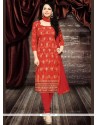 Exotic Red Embroidered Work Cotton Churidar Designer Suit